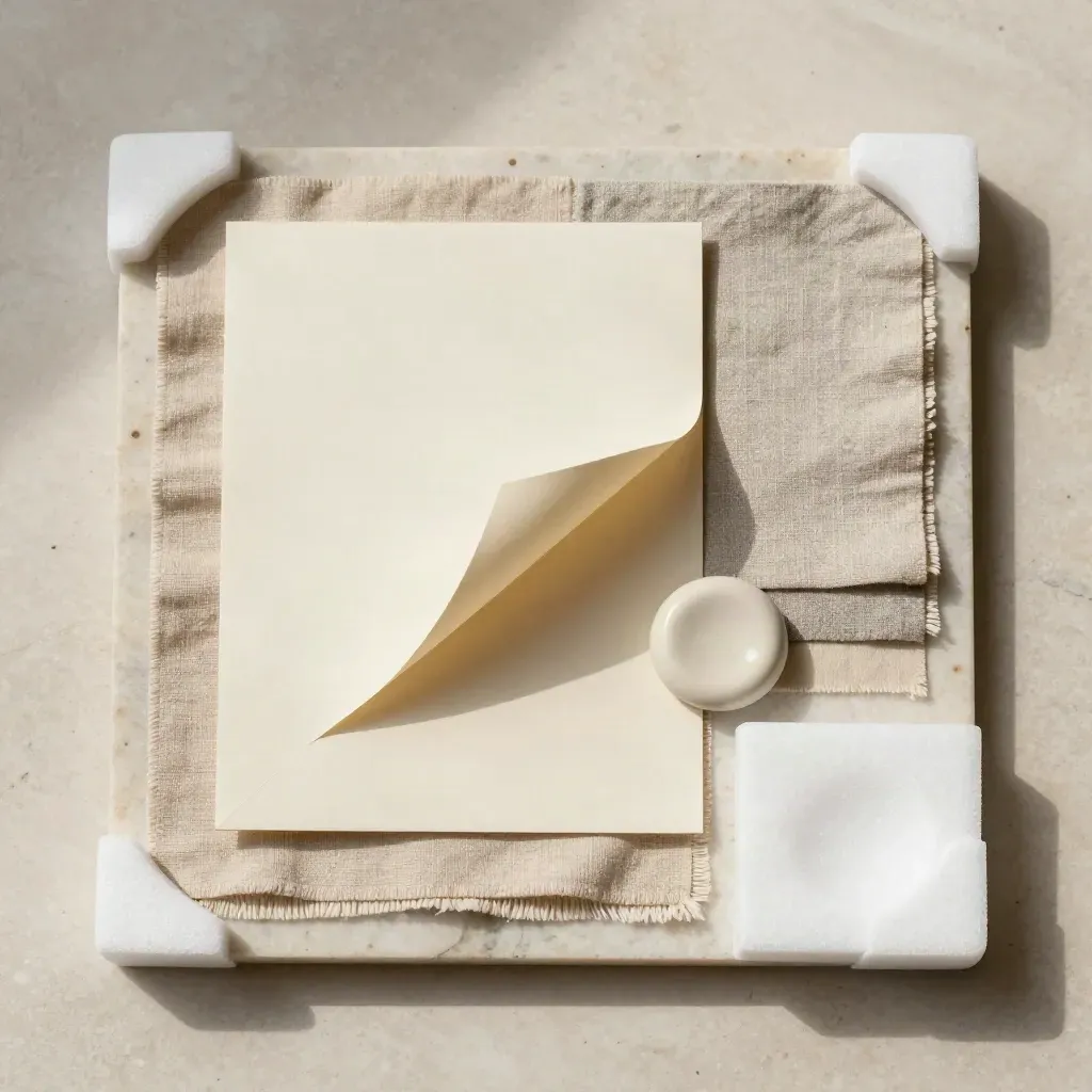 Flatlay van importcheck voor Turkije met textielsamples, keramiek, papier en schuim op travertin.