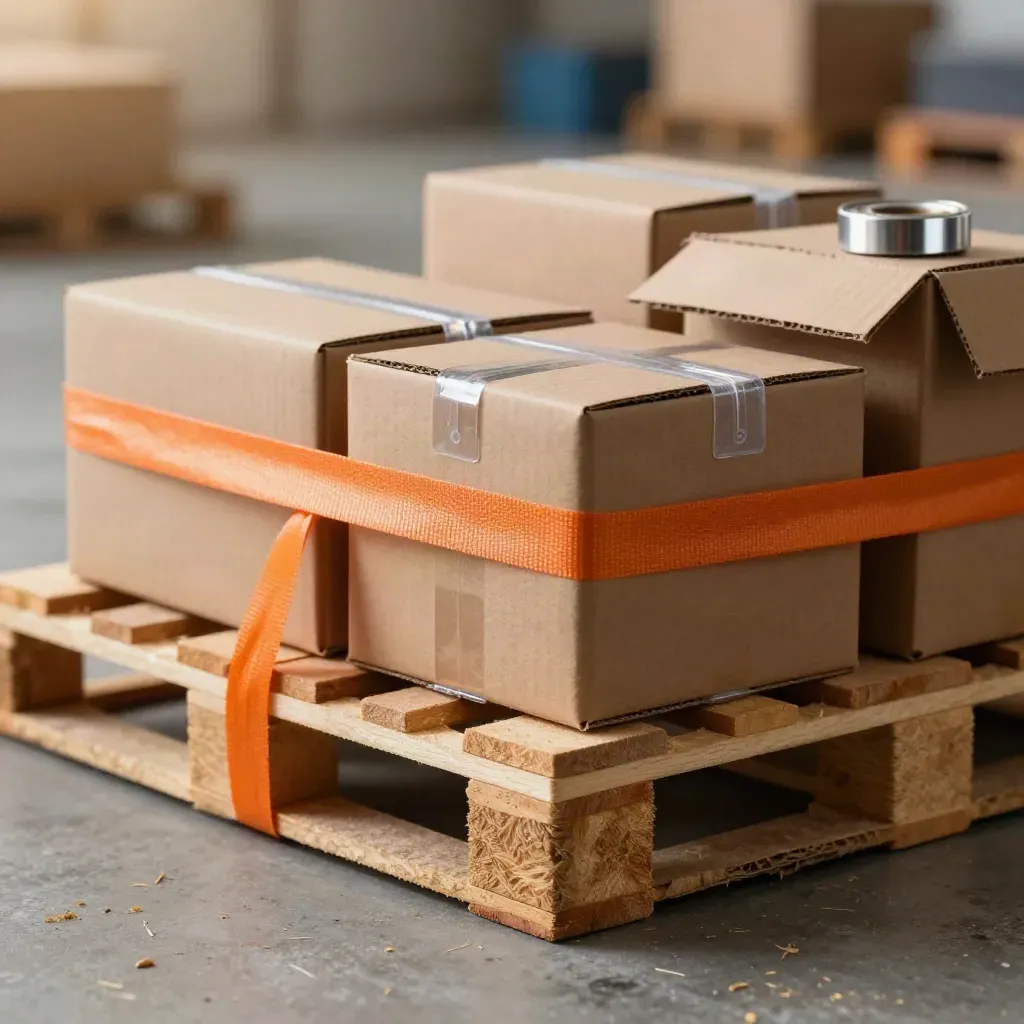 Mini-pallet met dozen, spanband, hoekbeschermers en folie op een magazijnvloer.
