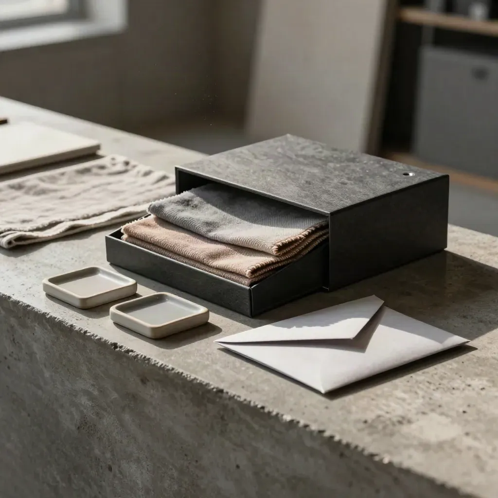 Charcoal samplebox met stofstalen, keramische teststukken en envelop op beton.