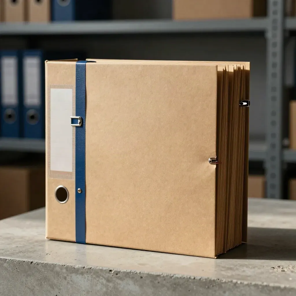 Douanedossier met archiefdoos, mappen en klemmen op een rustige studiopint.