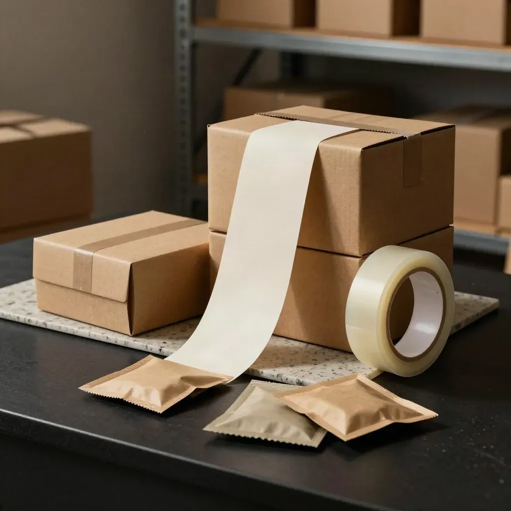 Private label verpakkingsset met dozen, labelrol, tape en samplezakjes op een donkere ondergrond
