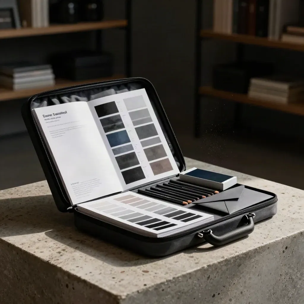 Startup inkoopkit met open sampleboek, kleurstalen, doosje en verzegelde envelop op travertin.