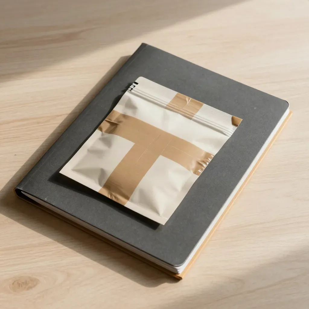 Bovenaanzicht van een douanecheck-pakket met dossiermap, pouch en tape op licht hout.