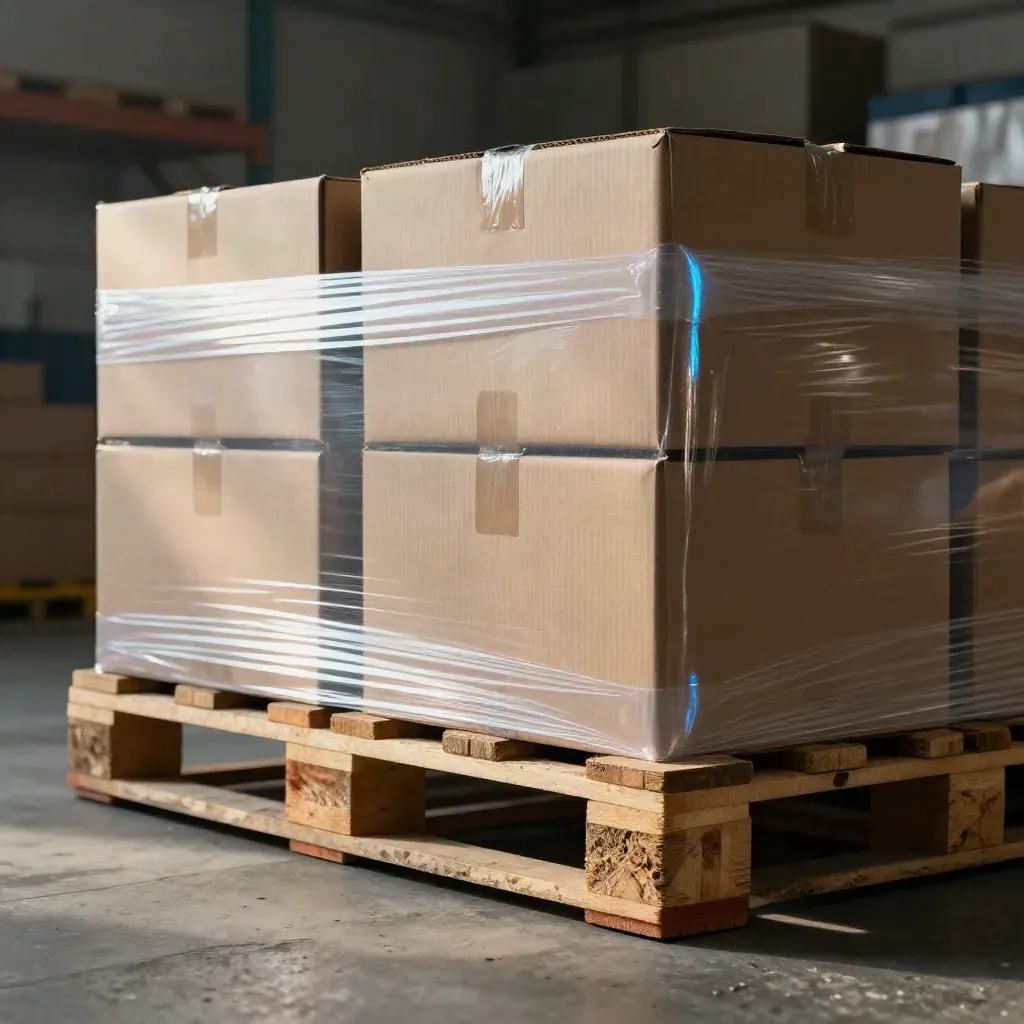 Pallet met drie neutrale dozen, een samplekrat, strak folie en hoekbeschermers op beton.