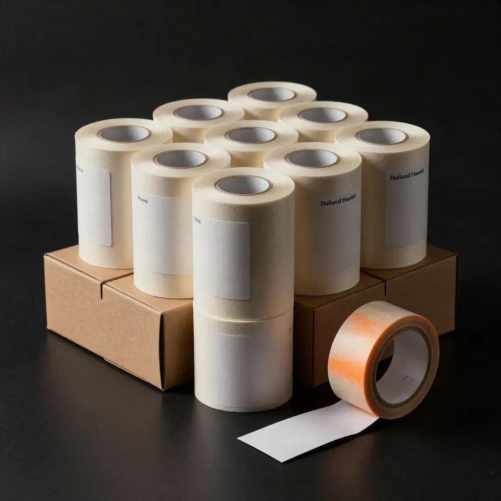 Private label-pakket met labelrollen, kartons en tape op een zwarte studio-ondergrond
