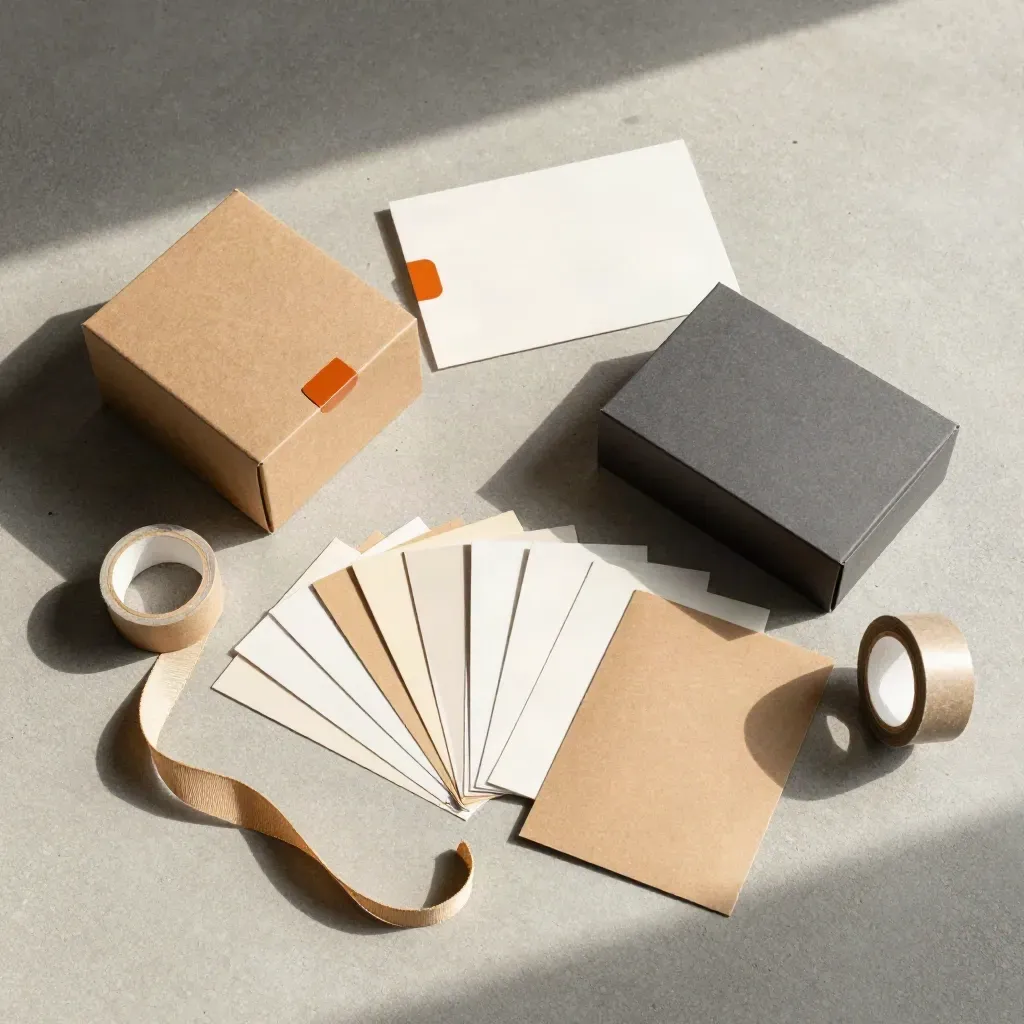 Flatlay van sourcingbundel met dozen, mailers, stalenkaarten en krafttape op beton.